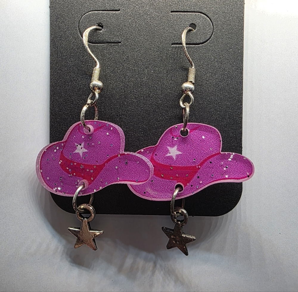 Sparkle Star Pink Cowgirl Hat Earrings Handmade Hypoallergenic BUNDLE to Save